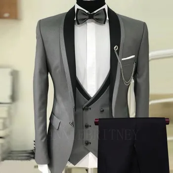 Trendy Yeni Lüks Erkek Takım Elbise Gri Düğün Takımları Erkekler için Özel Slim fit Damat Balo Smokin Ceket Yelek Siyah Pantolon 3 parça Yeni