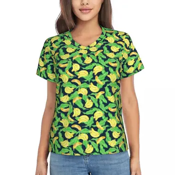 Tropikal Muz T-Shirt Kadın Meyve Baskı Y2K Komik V Boyun T Shirt Kısa Kollu Streetwear Tshirt Yaz Tasarım En Tees