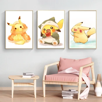 Tuval Sanat Duvar Boyama Pokemon Pikachu Resim Oturma Odası çocuk yatak odası dekoru Estetik Poster Baskılar ve Baskılar
