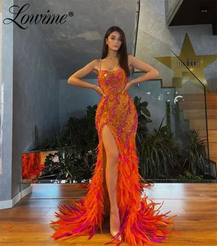 Tüy Uzun Parti Elbiseler Yüksek Bölünmüş Mermaid kutlama elbiseleri Spagetti Sapanlar Boncuk Kristaller Dubai Abiye giyim 2023 Özel