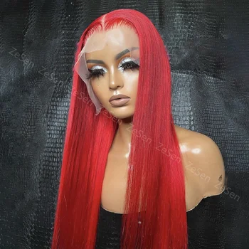 Uzun Düz Sentetik Dantel ön peruk Kadınlar İçin Kırmızı Renk Yüksek Sıcaklık Fiber Tutkalsız Frontal Saç Cosplay Günlük Giyim