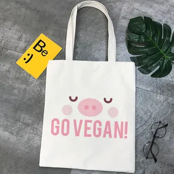 Vegan gitmek alışveriş çantası kanvas çanta baskı pamuk shopper alışveriş bolsas de tela çanta bolsas sevimli karikatür çanta, damla nakliye