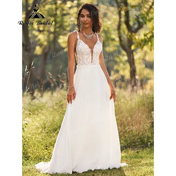 Vintage Dantel Şifon Aç Geri Bir Çizgi Boho Spagetti Sapanlar düğün elbisesi 2023 Kadınlar Gelin Gelinlikler robe de mariée Zarif