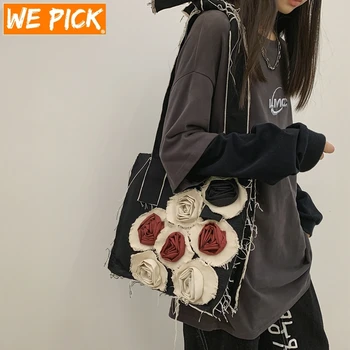 WEPICK Kadın Kot Çanta 3D Gül Tuval Kare Vintage Fermuar Yüksek Kapasiteli omuz çantaları Çanta Kızlar Alışveriş Çantaları