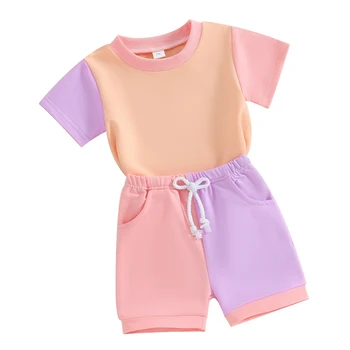 WZTYYDS Toddler Bebek Kız yaz kıyafetleri Kontrast Renk Kısa Kollu T - Shirt Üstleri Şort 2 Adet Giyim Setleri