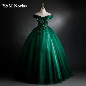 Y & M Yeni Yeşil Balo Quinceanera Elbise Kapalı Omuz Tatlı 16 Balo Elbise Dantel Payetli Vintage Vestido De Quinceanera Artı Boyutu