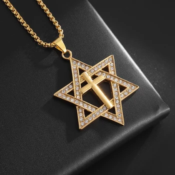 Yahudi David Yıldızı Kolye Erkekler ve Kadınlar için Retro Kudüs Çapraz Kolye İsrail Dini Altı Köşeli Yıldız Muska Takı