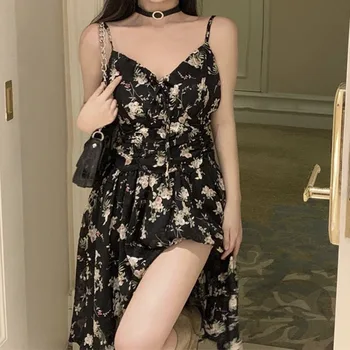 Yaz kadın Siyah Çiçek Spagetti kemerli elbise Düzensiz Etek Boyu Bel Zarif Elbise Plaj Tatil Elbiseler