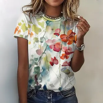 Yaz kadın Tee Çiçek Yaprak Baskı kısa kollu tişört kadın Büyük Boy T-shirt Y2k Giysileri Kadın Y2k Giyim Harajuku S