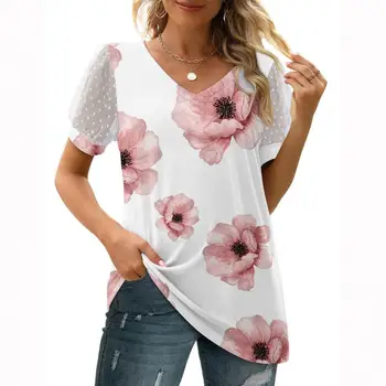Yaz Tee Gömlek Çiçek Baskı V Yaka kadın Tee Nefes Ter Emici Rahat Gevşek Bluz Kadın Gömlek