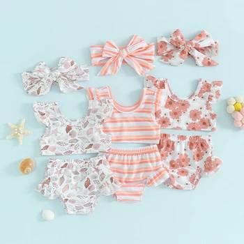 Yaz Yenidoğan Bebek Kız Mayo bikini seti Çiçek Şerit Kolsuz Tank Tops + Fırfır şort takımı Bebek Kız Beachwear