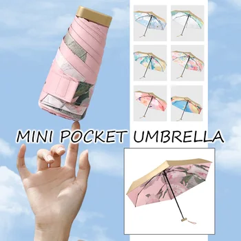 Yağlıboya Baskı Mini Seyahat Güneş ve yağmur Şemsiye Yaz Güneşlik UV Koruma Hafif Rüzgar Geçirmez Taşınabilir Cep Şemsiye