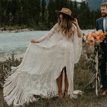 YEEH düğün elbisesi Zarif Dantel Aplikler Püskül gelin kıyafeti V Yaka Uzun Parlama Kollu Mahkemesi Tren Vestido De Noiva Gelin için