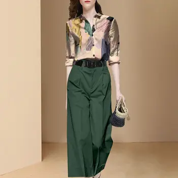 Yeni Bahar Gelişmiş Tasarım Duygusu Mizaç Seti kadın Vintage Gömlek Yeşil Geniş Bacak Pantolon İki Parçalı Set