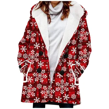 Yeni Kadın Noel Ceket Kış sıcak tutan kaban Tüylü Büyük Yaka Kapşonlu Düğme Aşağı Ceket Noel Kar Tanesi Baskı Ceket