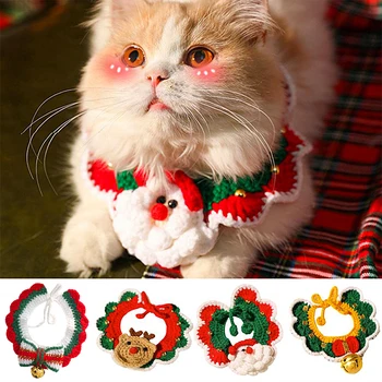 Yeni Noel Pet El Dokuma Yaka Kedi ve Köpek için Noel Baba Geyik Desen Sevimli Yaka Kravat Boyun Halkası Yeni Yıl Evcil Hayvan Giysileri