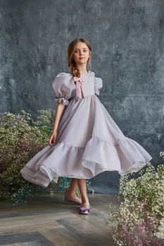 Yeni Organze Çiçek Kız Elbise Doğum Günü Çay Boyu Düğün Parti Elbise Baeded Kısa Kollu Yay Pageant Komünyon Elbise