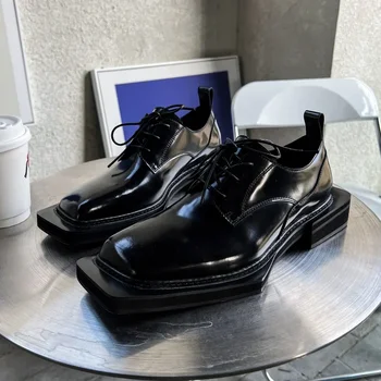 Yeni Tasarım Erkekler Rahat deri ayakkabı High-End Sokak Dantel-Up Derby Ayakkabı Hakiki Deri Kare Ayak Zapatos Hombre Sneakers 3C