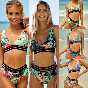 Yeni Yapraklar Baskılı Yüksek Bel İki Adet bikini seti Mayo Kadın Kadın Beachwear Mayo Bather Mayo