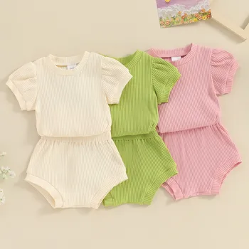 Yenidoğan Bebek Kız Şort Setleri yaz giysileri Düz Renk Nervürlü kısa kollu tişört ve elastik şort takımı Bebek Giyim
