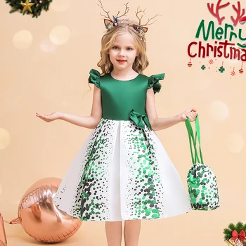 Yeşil Noel Kostüm Kız Elbise Çantası Gençler Polka Dot Düğün Parti Prenses Çocuk Elbise Kızlar için Doğum Günü gece elbisesi