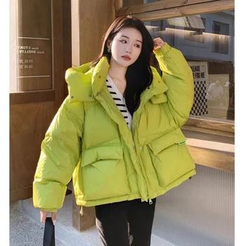 Yeşil şişme ceket kadınlar Ceket Siyah Kapşonlu Moda Amerikan Streetwear Y2K Tarzı Ördek Aşağı Tüy Kadın Kış Kısa Dış Giyim