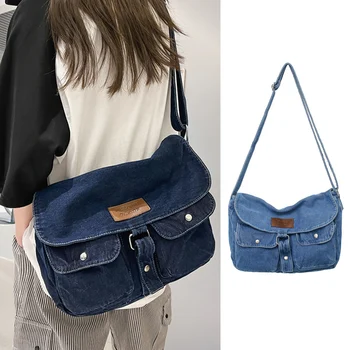 Yumuşak Denim Çok cep omuz askılı postacı çantaları Şık Kadın Erkek Crossbody Çantalar 2023 Yeni Trendler Çanta okul çantası