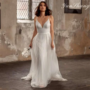 Yunshang Zarif A-Line düğün elbisesi Kadınlar 2024 V Yaka Aç Geri Dantel Spagetti Sapanlar gelin kıyafeti Sweep Tren Vestido De Novia