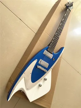 Yüksek kalite özel şekilli Elektro Gitar Mavi ve Beyaz sabit köprü gül ahşap klavye ücretsiz kargo