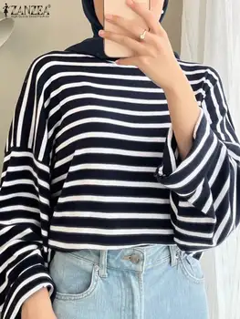 ZANZEA Moda Türkiye Müslüman Bluz Kadın Şerit Baskılı sıfır yaka bluzlar Rahat Tatil Chemise Kadın Zarif Parti Seramik Giyim