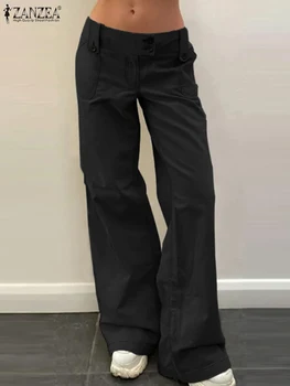 ZANZEA Moda Uzun Pantolon 2024 Düşük Belli Cepler Kadın Kargo Pantolon Tatil Katı Düğmeler Pantalon Rahat Gevşek Bahar Pantolon