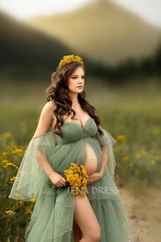 Zarif Adaçayı Yeşil Tül hamile elbisesi Ayrılabilir Puf Kısa Kollu Photoshoot için Kapalı Omuz Açık Göbek Fotoğraf Elbisesi