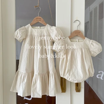 Zarif Bebek Dantel Nakış Romper Vintage Pilili Çocuklar Kısa Puf Kollu Elbise Kızlar için Vestidos Ins Yaz Kardeş Kıyafetler