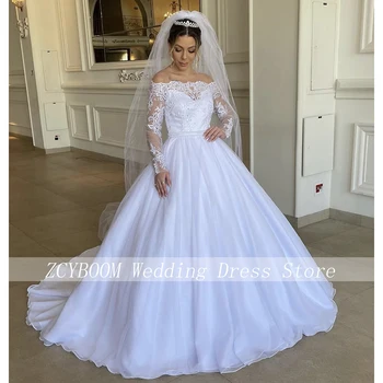 Zarif Tekne Boyun Pullu Boncuklu Kapalı Omuz düğün elbisesi 2023 Balo Kat Uzunluk Sweep Tren Tam Kollu gelin kıyafeti