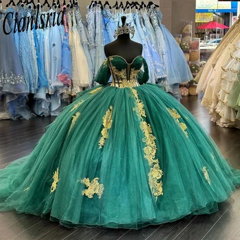 Zarif Yeşil Balo Quincenara Elbise 3D Çiçek Boncuk İnciler Vestidos De 15 Años Quinceañera XV Doğum Günü Tatlı 16 Elbise