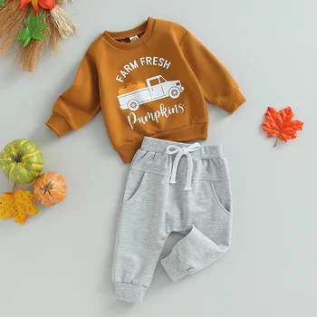 ZZLBUF Toddler Erkek Bebek Cadılar Bayramı kıyafetleri Uzun Kollu Mektup Kabak Baskı Kazak Pantolon 2 Adet Sonbahar Kış Giysileri