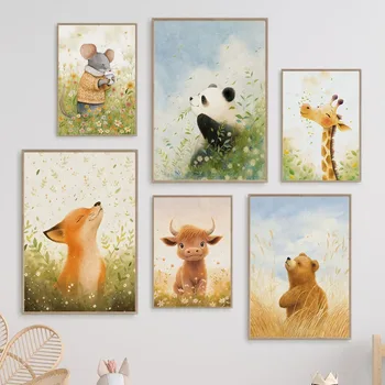 Zürafa Ayı Tilki Panda Karikatür Hayvan Kreş Suluboya Posterler Baskılar Tuval Boyama Duvar Sanatı Resimleri için Bebek Odası Dekor