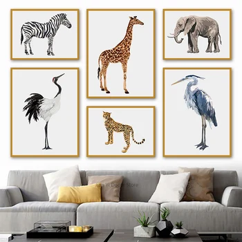 Zürafa Fil Zebra Leopar Hayvanlar duvar sanatı tuval yağlıboya İskandinav Posterler Ve Baskılar Duvar Resimleri Için Oturma Odası Dekor