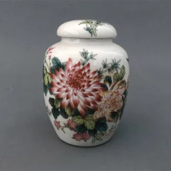 Çin Famille Gül Porselen Pot Krizantem Desen Kavanoz Çay Caddy 4.0 İnç