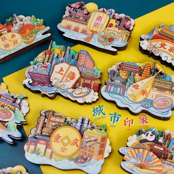 Çin Tarzı Buzdolabı Mıknatısı Şehir Karakteristik Hatıra Ahşap Malzeme Manyetik Etiket Çin Şehir İzlenim