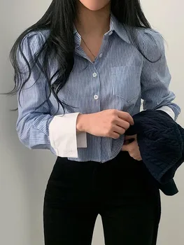 Çizgili Gömlek Kadın 2023 İlkbahar Sonbahar Yeni Moda Kore Rahat Eklenmiş Düğme Bluz Ofis Bayan turn-aşağı Yaka Kısa Üst