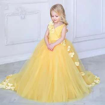 Çiçek Kız Elbise Sarı Kabarık Tül Uzun Çıkartması Düğün Parlak Küçük Çiçek Çocuk Doğum Günü Topu Komünyon Elbise