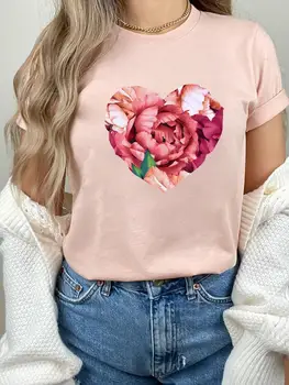 Çiçek Tarzı Elbise Kadın Kadın Yaz T Giyim Baskı Aşk Trend 90s Grafik Tee Moda Kısa Kollu Rahat T-Shirt