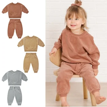 Çocuklar Kız Erkek Seti çocuk Giysileri Sonbahar Kış Bebek Çocuk Erkek Kız Uzun Kollu Saf Renk T-shirt + Pantolon Kıyafetler Takım Elbise