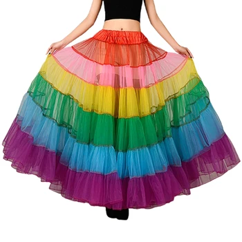 Çok renkli Gökkuşağı A-Line Maxi Etek Pileli Kat Uzunluk Petticoat Hoopless Gelin Örgü Kabarık Etek Jüpon