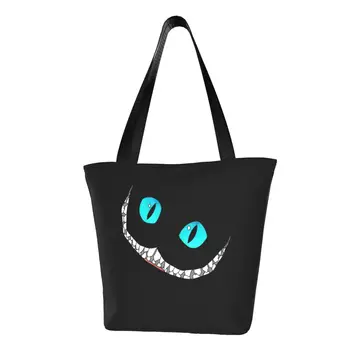 Çılgın Kedi Sırıtış Alışveriş Çantası Mavi Gözler Sırıtış Gülümseyen omuzdan askili çanta Kadın Seyahat Polyester Tote Çanta Kawaii tasarımcı çantaları