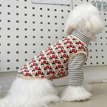 Örme Kumaş Ceket için Pet Köpek, Kırmızı Çiçekler Yelek, Köpek Kostüm, Kaniş Açık Kazak, Sonbahar ve Kış