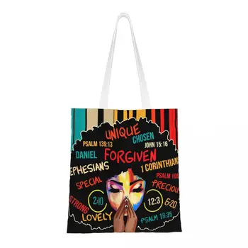 Özel Tanrı Diyor Ben Afro Afrika Amerikan kanvas alışveriş çantası Kadın Kullanımlık Bakkal Siyah kadın büyük el çantası alışveriş çantaları