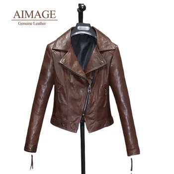 Üst Koyun Derisi deri ceketler Uzun Kollu Kısa Chaqueta De Cuero Mujer Vintage Moto Paltolar Yumuşak Eğik Fermuar Tasarım PY449