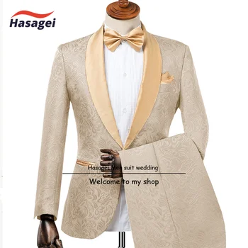 Şampanya erkek Düğün Smokin Zarif Erkek 2 parça Takım Elbise Seti Desenli Ceket Pantolon Resmi Slim Fit Kıyafet